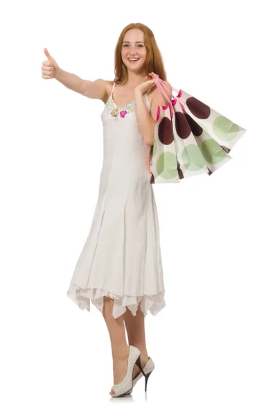 Woman with shopping bags isolated on white — Stock Photo, Image