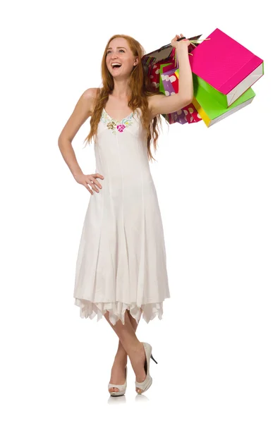 Donna con shopping bags isolata su bianco — Foto Stock