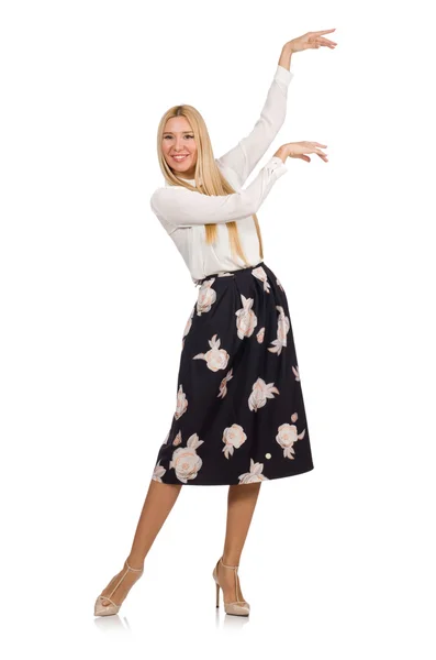 Pretty girl in black skirt with flowers isolated on white — Stock Photo, Image