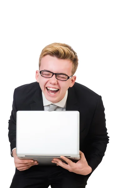 Mladý podnikatel s notebookem izolované na bílém — Stock fotografie