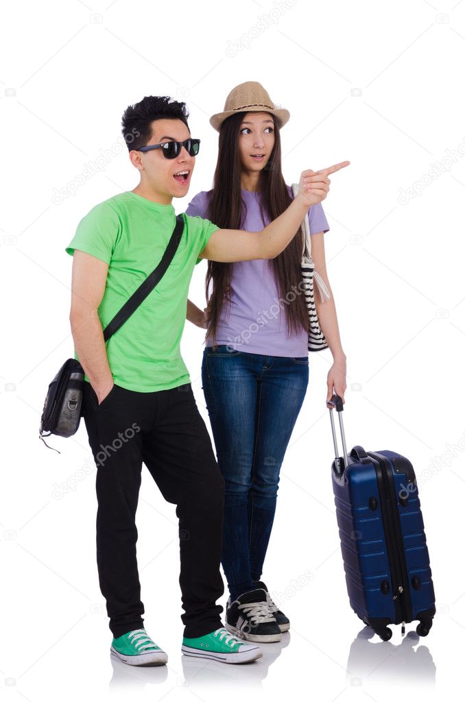 Girl and boy with suitcase isolated on white