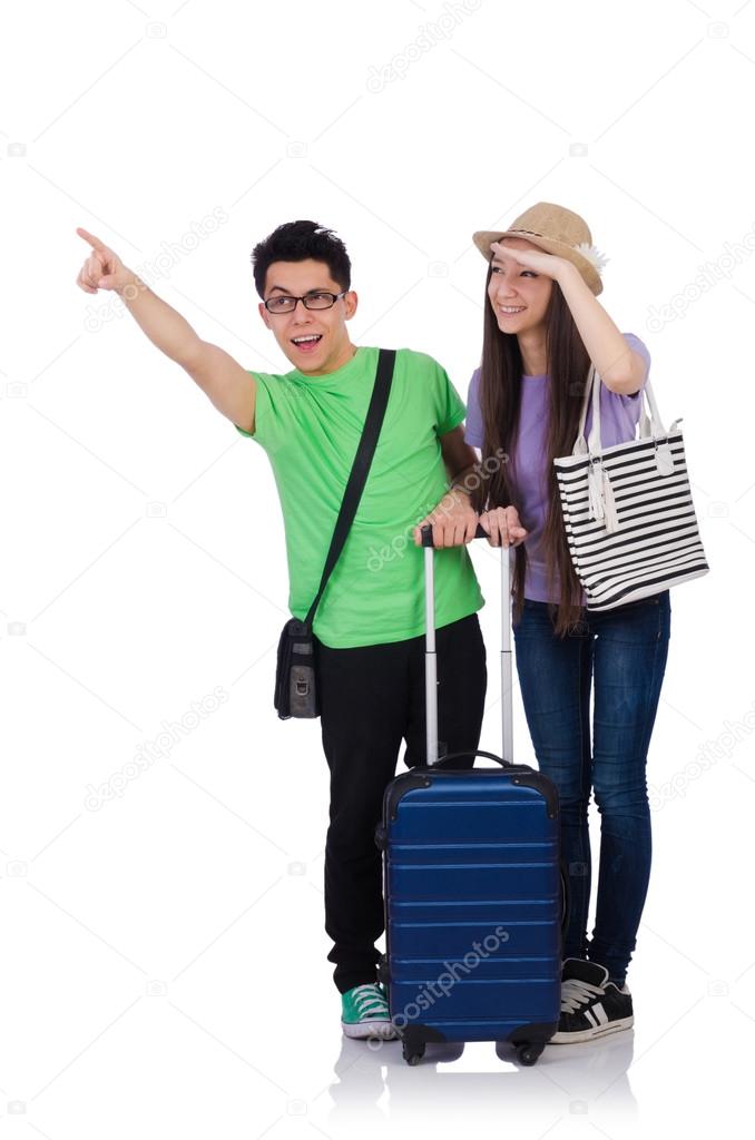 Girl and boy with suitcase isolated on white