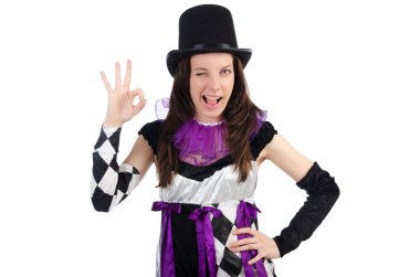 Güzel kız beyaz izole soytarı kostüm