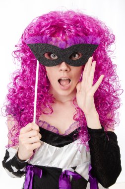 Güzel kız beyaz izole soytarı kostüm