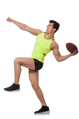 Amerikan futbolu üzerine beyaz izole çalmaya adam