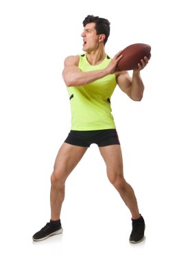 Amerikan futbolu üzerine beyaz izole çalmaya adam