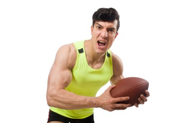 Amerikan futbolu üzerine beyaz izole çalmaya adam