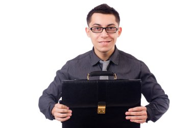 Genç adam beyaz izole evrak çantası elinde