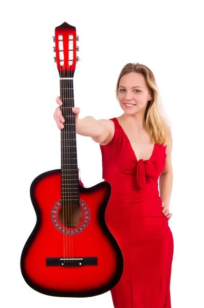 Güzel kız beyaz izole gitar holding — Stok fotoğraf