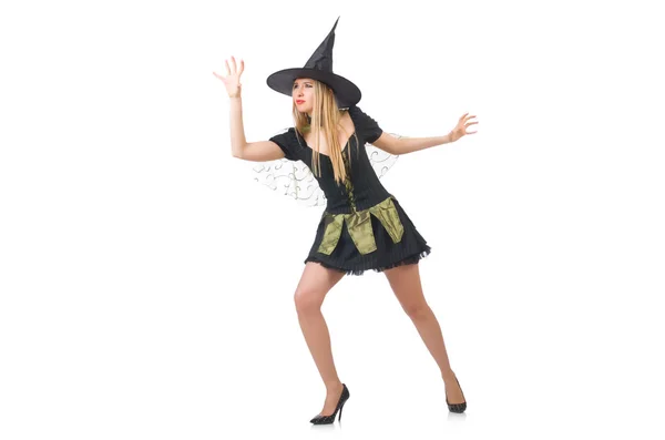 Krásná čarodějka v černých šatech izolovaných na bílém — Stock fotografie