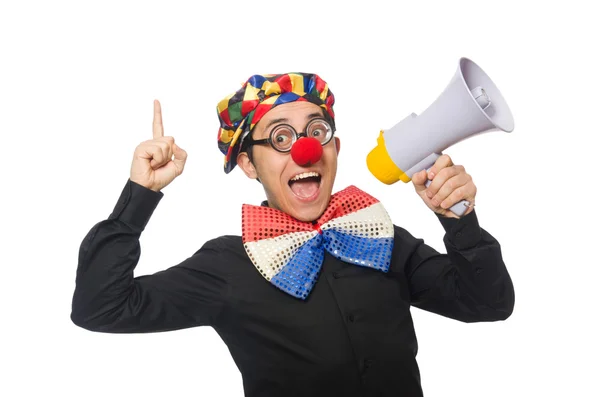 Clown with loudspeaker isolated on white — Stock Photo, Image