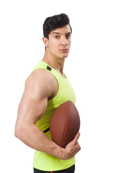 Uomo che gioca a football americano isolato su bianco — Foto Stock