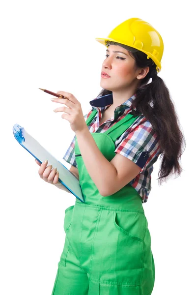 Mujer trabajadora en mono verde aislado en blanco — Foto de Stock