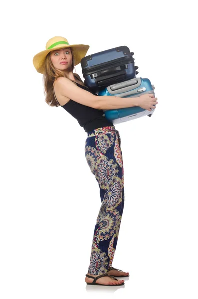 Mulher pronta para viajar de verão isolado em branco — Fotografia de Stock