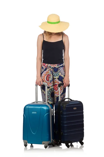 Mulher pronta para viajar de verão isolado em branco — Fotografia de Stock