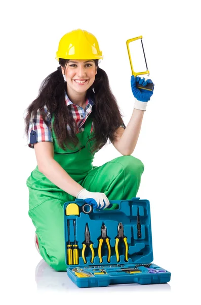 Female workman in green overalls isolated on white — Stock Photo, Image