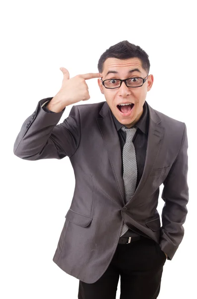 Jeune homme en costume gris isolé sur blanc — Photo