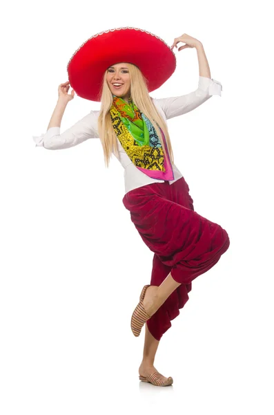 Mexikanisches Mädchen mit Sombrero, das auf Weiß tanzt — Stockfoto