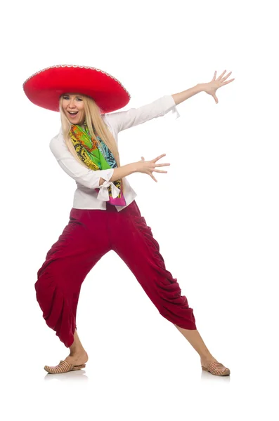 Mexican girl with sombrero dancing on white — Stock Photo, Image