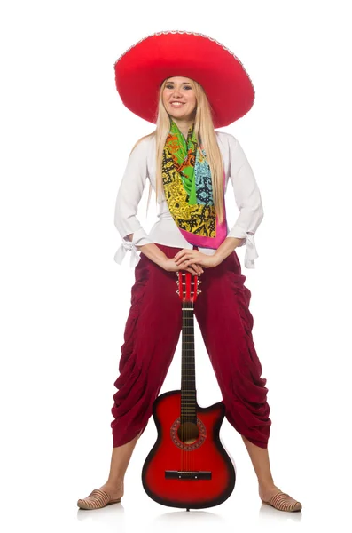 Woman wearing guitar with sombrero — Stock Photo, Image