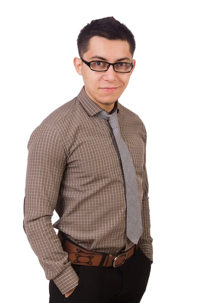 Genç adam beyaz izole kahverengi gömlekli — Stok fotoğraf