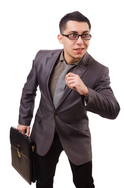 Genç adam beyaz izole evrak çantası elinde — Stok fotoğraf