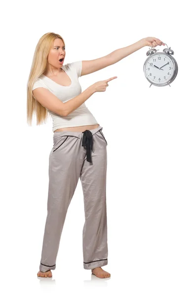 Mujer con reloj aislado en blanco — Foto de Stock