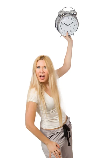Frau mit Uhr isoliert auf weiß — Stockfoto