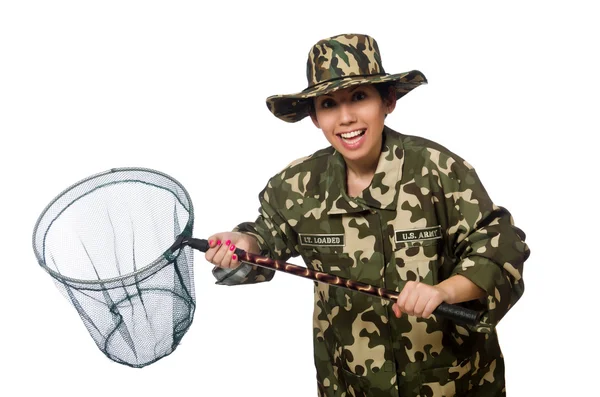 Woman in military clothing with catching net — Stock Photo, Image