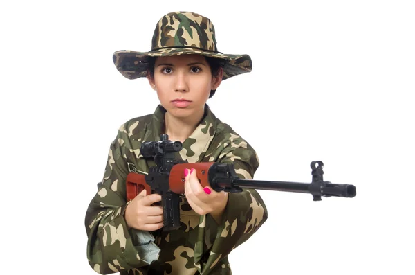 Femme avec des armes de sniper isolé sur blanc — Photo