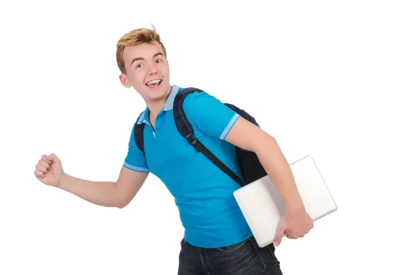 Studente con computer portatile isolato su bianco — Foto Stock