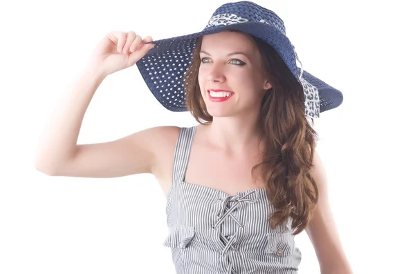 Mujer joven con sombrero y vestido a rayas grises aislados en blanco —  Fotos de Stock