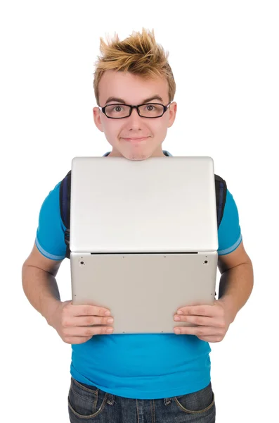 Student met laptop geïsoleerd op wit — Stockfoto