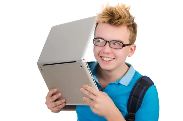 Student z laptopem izolowane na białym — Zdjęcie stockowe