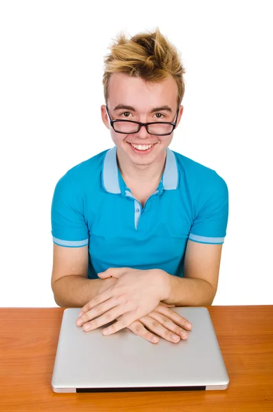 Studente con computer portatile isolato su bianco — Foto Stock