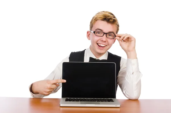 Estudante inteligente sentado com laptop isolado no branco — Fotografia de Stock