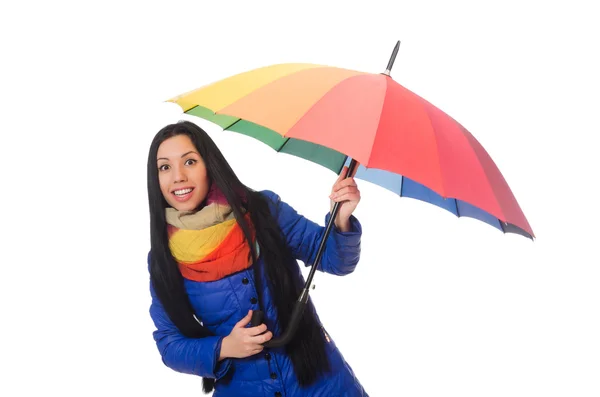 Hübsches Mädchen in blauer Winterjacke auf weißem Grund — Stockfoto