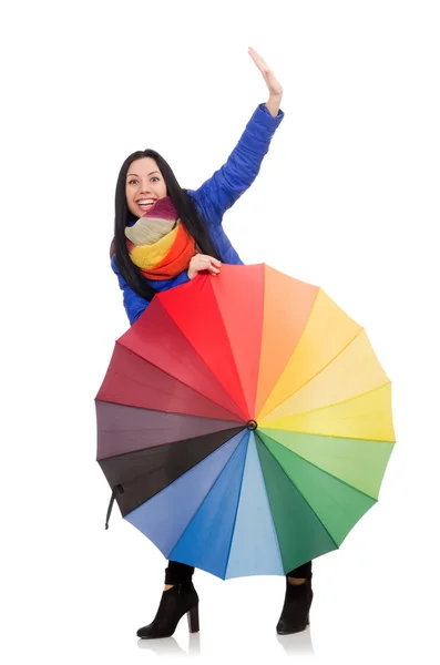 Jolie fille en veste d'hiver bleue et parapluie isolé sur blanc — Photo