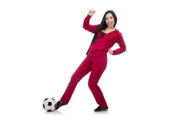 Frau mit Fußball isoliert auf weiß — Stockfoto