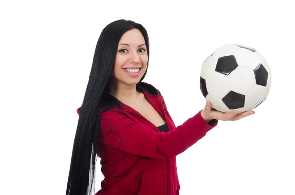 Frau mit Fußball isoliert auf weiß — Stockfoto