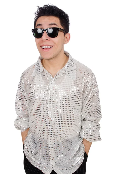 Jovem em camisa de prata isolado no branco — Fotografia de Stock