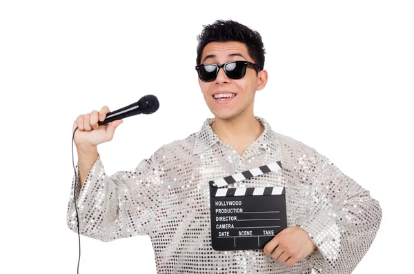 Jonge man met microfoon en Filmklapper geïsoleerd op wit — Stockfoto