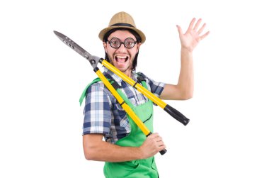 Beyaz izole makası ile komik adam