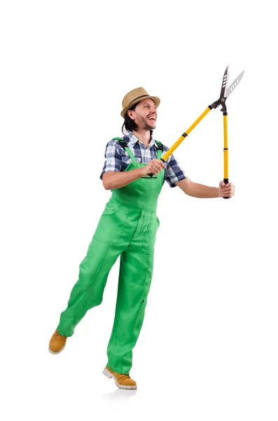 Hombre divertido con tijeras aisladas en blanco — Foto de Stock