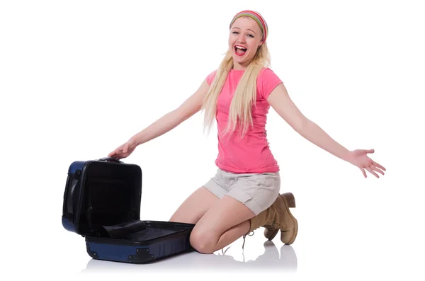 分割のスーツケースを持つ女性 — ストック写真