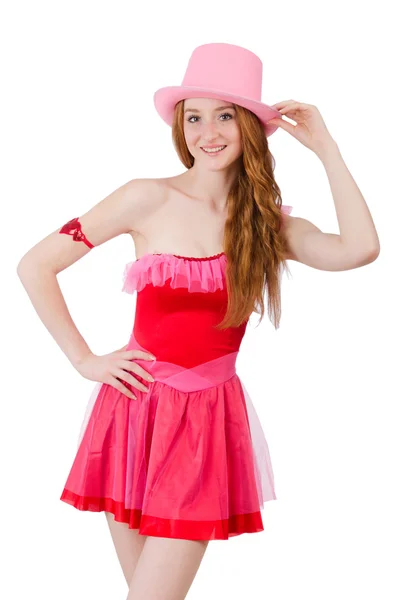 Mooie jonge wizard in mini roze jurk geïsoleerd op wit — Stockfoto