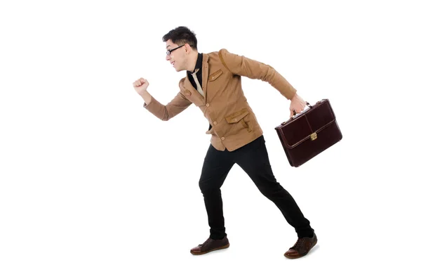 Jongeman met bruin koffertje geïsoleerd op wit — Stockfoto