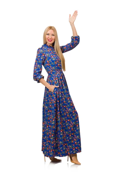Jonge vrouw in blauwe bloemen jurk geïsoleerd op wit — Stockfoto