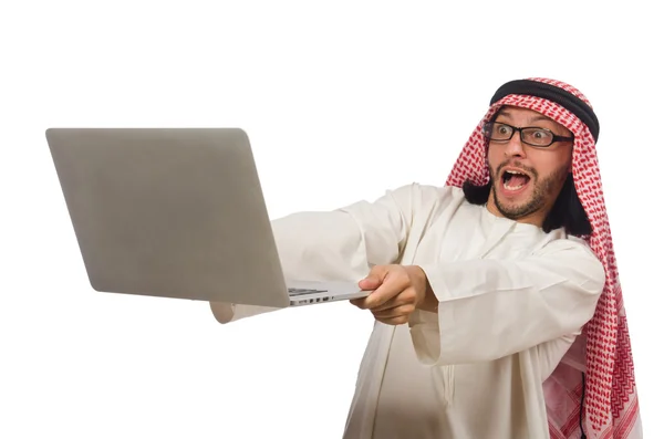 Arabische man met laptop geïsoleerd op wit — Stockfoto