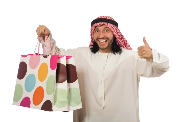 सफेद पर शॉपिंग बैग के साथ अरब आदमी — स्टॉक फ़ोटो, इमेज